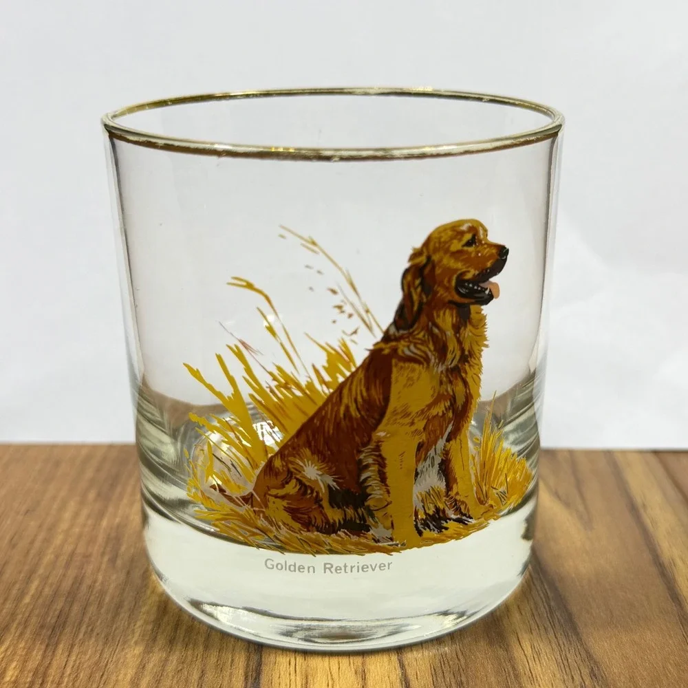 Golden Retriever Whiskey Glass Gold Rim Lowball Rocks Glass Dog Lover Barware - Picture 1 of 8